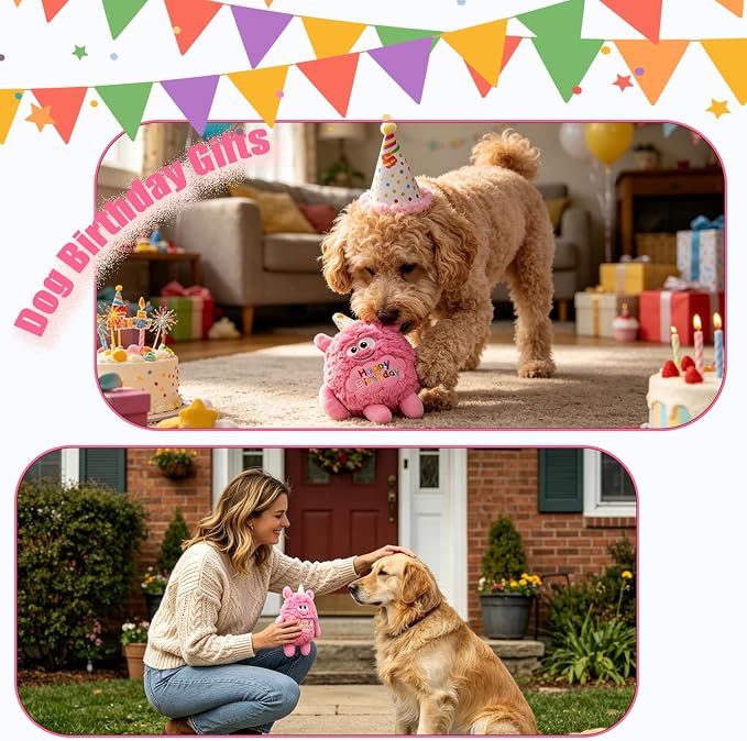 Plush Dog Birthday Toy for Girl Boy Gifts, Crinkle Squeaky Dog Toy Keep Them Busy Tug of War Stuffed Dog Chew Toy for Small Medium Large Dogs (Pink)
