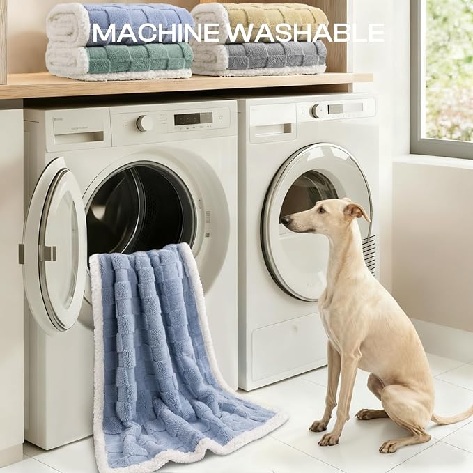 Luciphia Waterproof Dog Blanket, Leakproof Large Pet Blanket for Couch Sofa Bed Furniture Cover Protector, Washable Soft Sherpa Fleece with 3D Jacquard, Cozy Calming Reversible, Blue White, 85"x57"