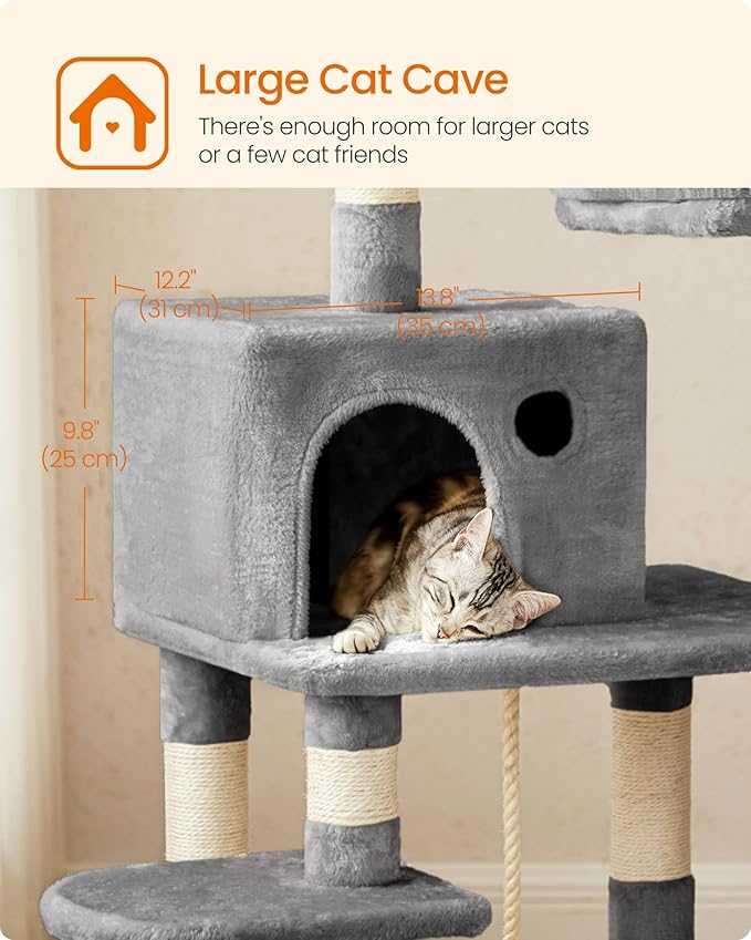 Feandrea Cat Tree, 55.8-Inch Cat Tower, Multi-Level Plush Condo with 11 Scratching Posts, 2 Perches, Hammock, Cave, Light Gray UPCT15W