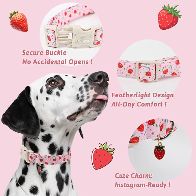 Maca Bates Spring Pink Basic Dog Collar with Strawberry Charm for Extra Small Girl Boy Dogs, Leaves Strawberries Pattern,Pretty Gift Adjustable Durable Soft Collars for Male Female Puppy