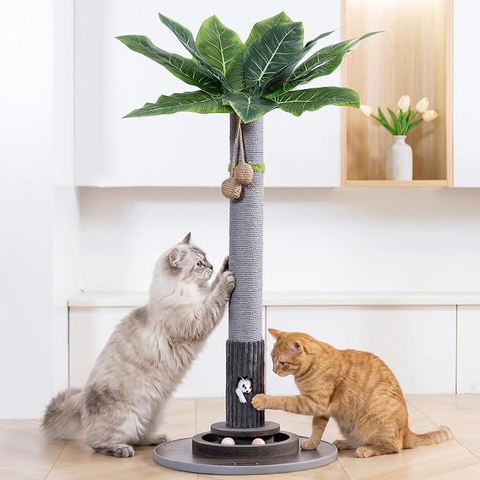 Woochpet 35" Tall, Sisal Cat Scratcher with Mouse Toy and Track Balls, Palm Tree Design Scratch Pole for Kittens Grey Base