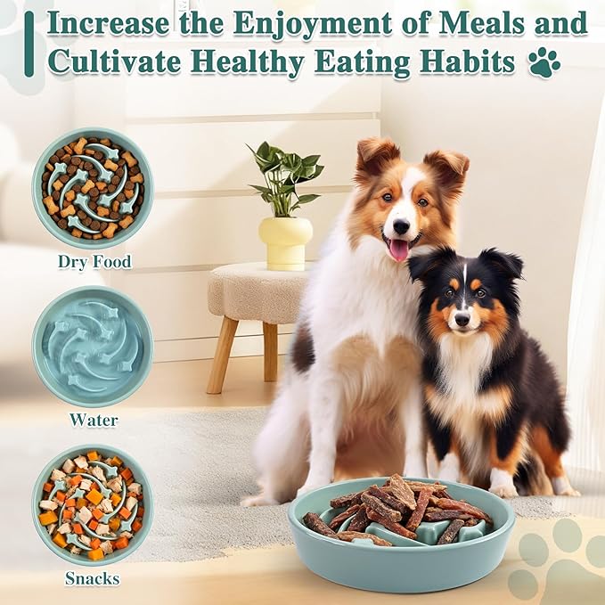 Ceramic Slow Feeder Dog Bowls, 1.5 Cups Dog Food Dish for Medium and Large Breed, Puzzle Dog Food Bowl for Fast Eater, 28OZ, 8.15 inch(Light Green)
