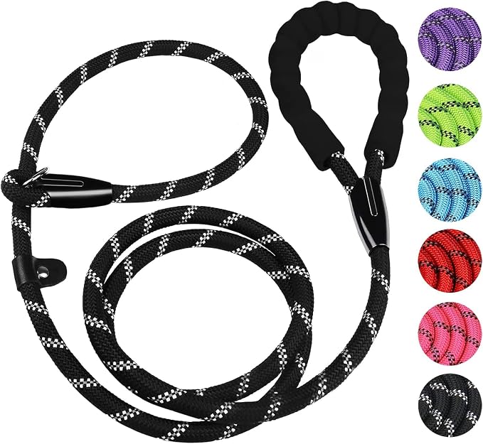 Dog Leash 3.9 FT, Durable Premium Quality Strong Training Rope Slip Leash with Comfortable Padded Handle and Highly Reflective Threads for Small Medium and Large Dogs, (Black)