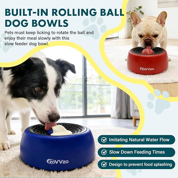 Rolling Ball Dog Lick Bowl, Slow Feeder Dog Bowls, Non-Slip Design, Interactive Dog Licking Toy & Dog Enrichment Toys, Dog Lick Ball Bowl for Wet Food, Yogurt, Bone Broth, Nutrient Solution (Red)