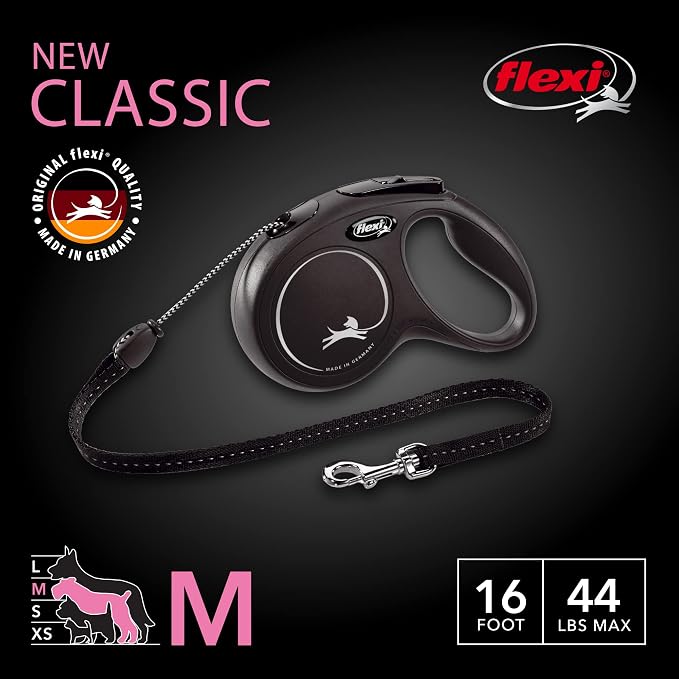 FLEXI Classic Cord Retractable Dog Leash for Medium Dogs up to 44 lbs. – 16 ft., Black | Tangle-Free Cord Design with One-Handed Brake, Pause, Lock|German Quality Product