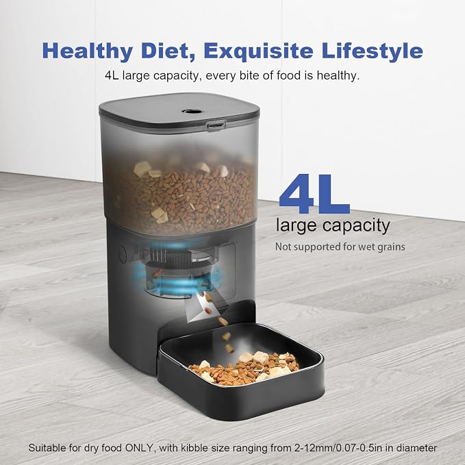 ANDOLL HOME 2.4G/5G Automatic Cat Feeder, 4L WiFi Food Dispenser with 10s Voice Recorder, Pet Feeder up to 10 Meals per Day, Timed Cat Feeder with Dry Food Sealed Ring(Matte Black, 4.0 L)