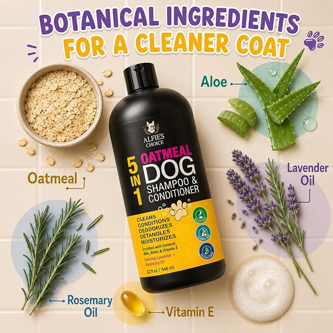 Oatmeal Dog Shampoo and Conditioner 32 fl oz | 5 in 1 Puppy Shampoo for Itchy Sensitive Skin | Dog Wash with Aloe, Biotin & Vitamin E | Cleans, Deodorizes & Moisturizes | All Breeds | ALFIE'S CHOICE