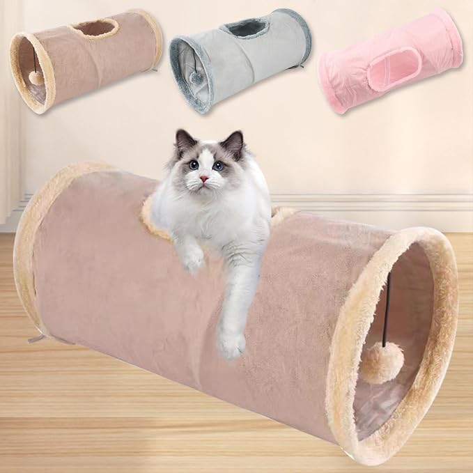 Cat Tunnel,Indoor Cat Play Tube Toys with Play Ball,Durable Collapsible Rabbit Hideaway Tunnel for Kitten,Bunny, Guinea Pig, Rat, Hamster, Ferret, Chinchilla (Grey)