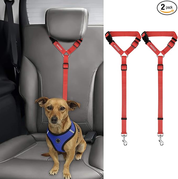 BWOGUE 2 Packs Dog Cat Safety Seat Belt Strap Car Headrest Restraint Adjustable Nylon Fabric Dog Restraints Vehicle Seatbelts Harness Red