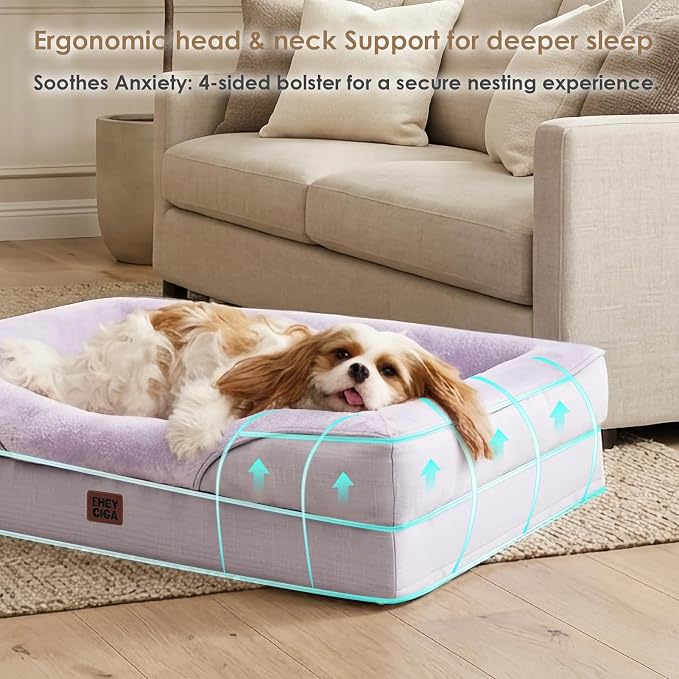 EHEYCIGA Orthopedic Dog Bed for Large Sized Dog, 36x27 Inch Large Memory Foam Dog Couch Bed with Sides, Waterproof Liner & Washable Removable Cover, Bolster Pet Sofa, Purple