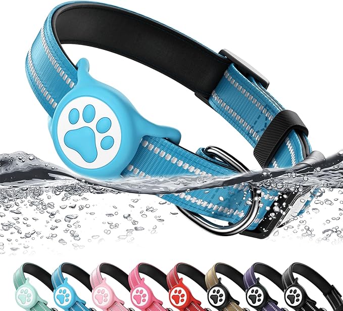 Airtag Dog Collar, Reflective Ultra-Durable Nylon Padded with QR Code Buckle & IP68 Waterproof Air Tag Holder Compatible for Apple AirTag, Comfortable for Small Medium Large Dogs(Blue,L)