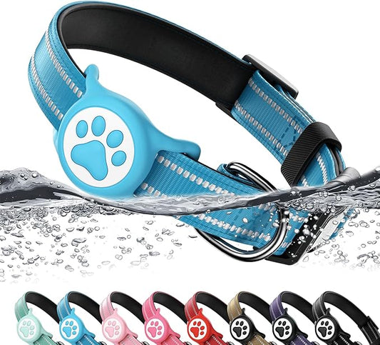 Airtag Dog Collar, Reflective Ultra-Durable Nylon Padded with QR Code Buckle & IP68 Waterproof Air Tag Holder Compatible for Apple AirTag, Comfortable for Small Medium Large Dogs(Blue,M)