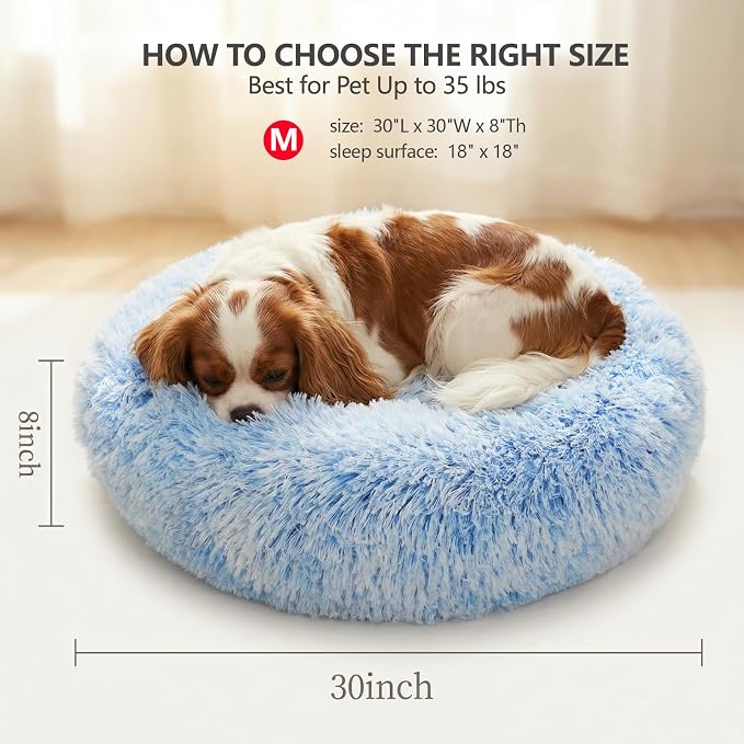 Calming Dog Bed for Medium Dogs Washable Donut 30 inches Anti-Slip Pet Bed,Round Fluffy Plush Faux Fur Cat Bed,Fits up to 45 lbs Pets,Gradient Blue