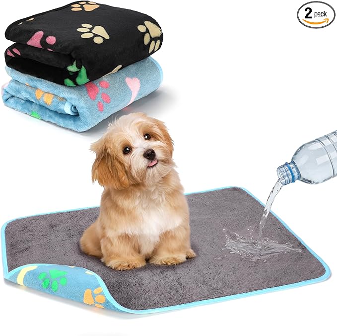 YUEPET Waterproof Dog Blankets, 2 Pack Washable Dog Blankets for Bed Couch Sofa Protector Fleece Flannel Puppy Blanket Soft Plush Reversible Throw Blanket for Medium Dogs Cats 30"×20"(Black+Blue)