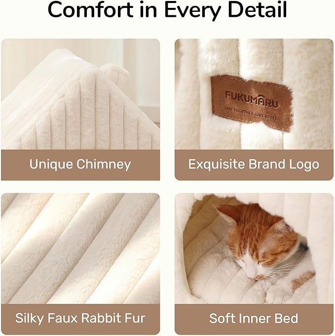 FUKUMARU Cat Houses for Indoor Cats, Washable Cute Cat Bed Cave with Removable Pillow, Large Semi-Enclosed Cozy Dog House Indoor, Soft Faux Rabbit Fur Kitten Bed, 17.5-Inch Cat Hideaway, Cream