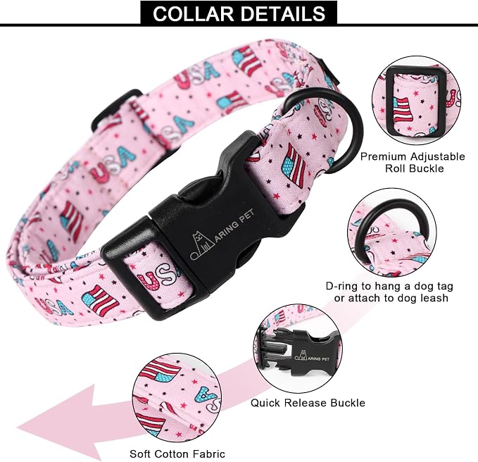 ARING PET 4th of July Collars for Dogs, Fourth of July Pink Patriotic USA Flag Dog Collar for Puppy Small Medium Large Boy Girl Doggy-L