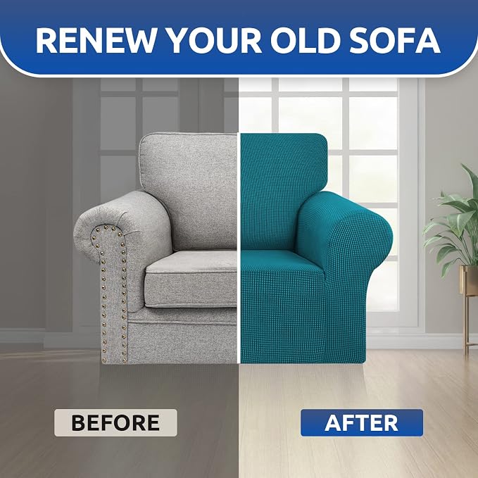 KEKUOU Stretch Single Sofa Slipcover 1 Piece Couch Sofa Cover (31"-55") Furniture Protector 1 Seater Sofa with Elastic Bottom for Kids,Pet.Jacquard Small Checked Pattern Fabric(Small,Peacock Blue)