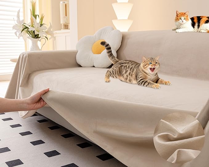 Loiion Cat Scratch Furniture Protector - Ultra Soft, Waterproof Sofa Cover to Keep Cats Off, Pet-Friendly Couch Protectors for Love Seat, Anti-Slip Couch Cover for Pets and Kids 134"X71" Almond