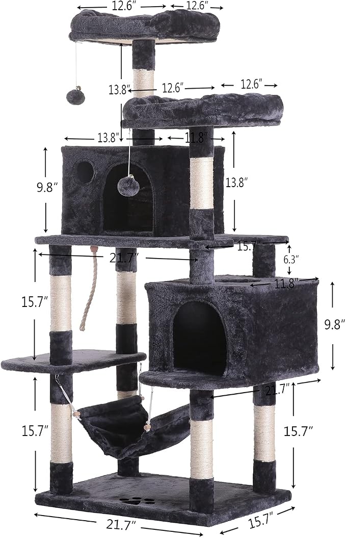 Hey-brother Large Multi-Level Cat Tree Condo Furniture with Sisal-Covered Scratching Posts, 2 Bigger Plush Condos, Perch Hammock for Kittens, Cats and Pets Smoky Gray MPJ020G