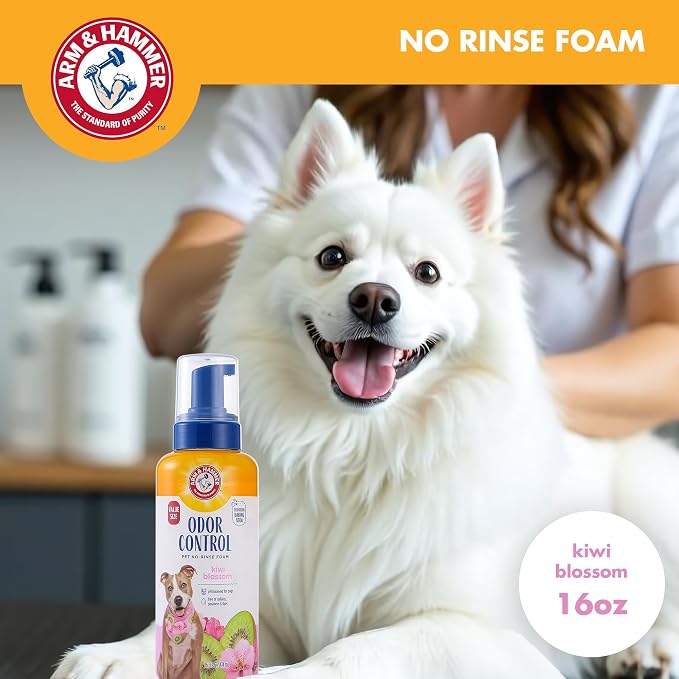 Arm & Hammer for Pets Odor Control No-Rinse Foam for Dogs, Kiwi Blossom Scent, Waterless Baking Soda Dog Deodorizer, pH Balanced, Free of Sulfates and Parabens, 16 Fl Oz