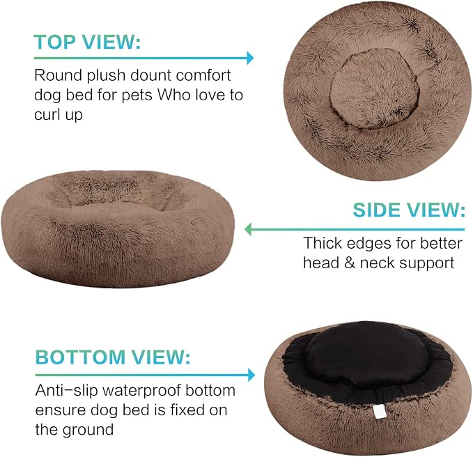 SAVFOX 20 inches Calming Donut Dog Bed - 3X Durable Plush Faux Fur, Machine Washable & Non-Slip, Fits up to 15 lbs, Brown