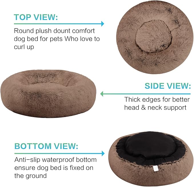 SAVFOX 30 inches Calming Donut Dog Bed - 3X Durable Plush Faux Fur, Machine Washable & Non-Slip, Fits up to 45 lbs, Brown