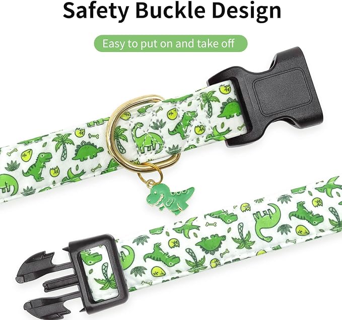 Cotton Dog Collar,Soft and Cute Puppy Collars with Green Dinosaur Patterned Design for Girl Female Boy Dogs,Adjustable Buckle Pet Collar for Small Medium Large Dogs (Green Dinosaur, L)