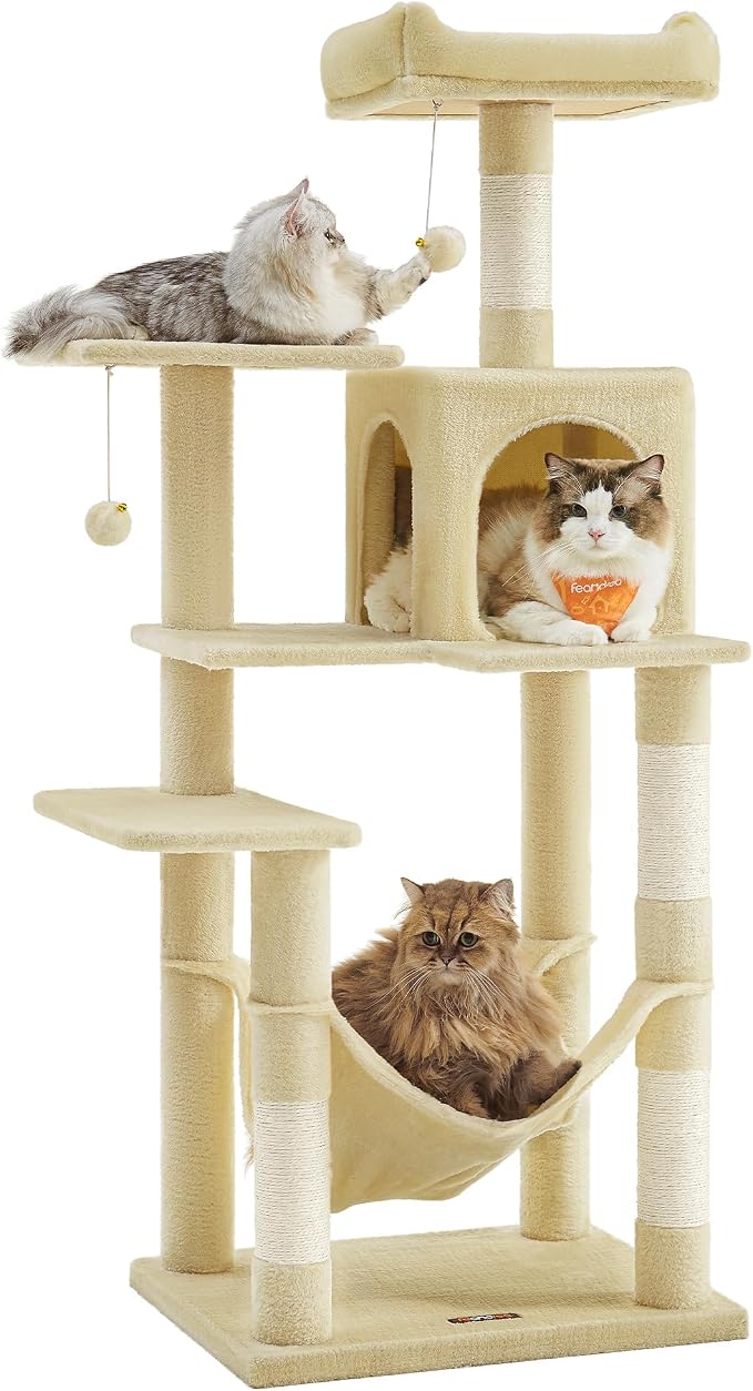 Feandrea Cat Tree, 54.2-Inch Cat Tower, Plush Multi-Level Condo with 4 Scratching Posts, 2 Perches, Hammock, Cave, Beige UPCT161M01