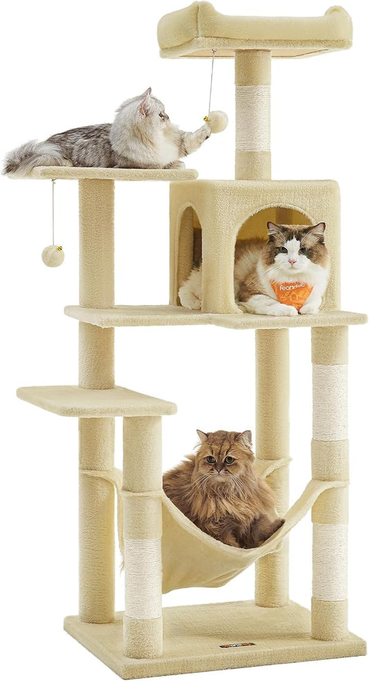 Feandrea Cat Tree, 54.2-Inch Cat Tower, Plush Multi-Level Condo with 4 Scratching Posts, 2 Perches, Hammock, Cave, Beige UPCT161M01