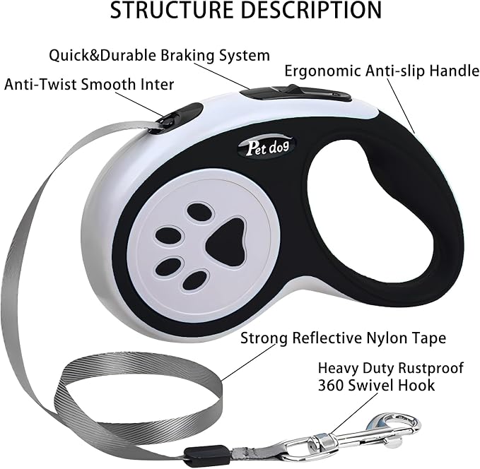 Retractable Dog Leash, VELIGOOD 5M/16FT Extendable Dog Lead with Strong Nylon Tape Tangle-Free One-Handed Brake, Pause, Lock for Small Medium Dogs (Black)