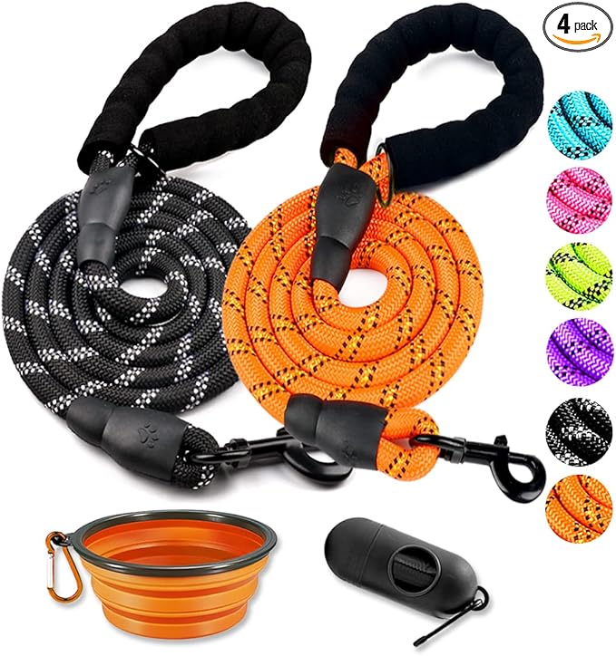 COOYOO 2 Pack Dog Leash 5 FT Heavy Duty - Comfortable Padded Handle - Reflective Dog Leash for Medium Large Dogs with Collapsible Pet Bowl