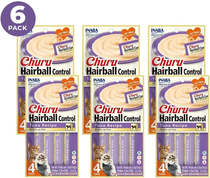 INABA Churu Indoor Care for Hairball Control, Functional Lickable Cat Treat with Taurine & Green Tea Extract, 0.5oz Each, Tubes, Tuna Recipe (Pack of 48)
