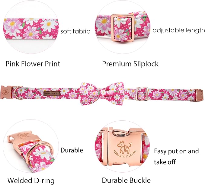 Elegant little tail Dog Collar, Floral Pattern Pet Collars with Bow Girl Cotton Bowtie Collars Spring Puppy Gift Adjustable Pet Collar for Large Dogs