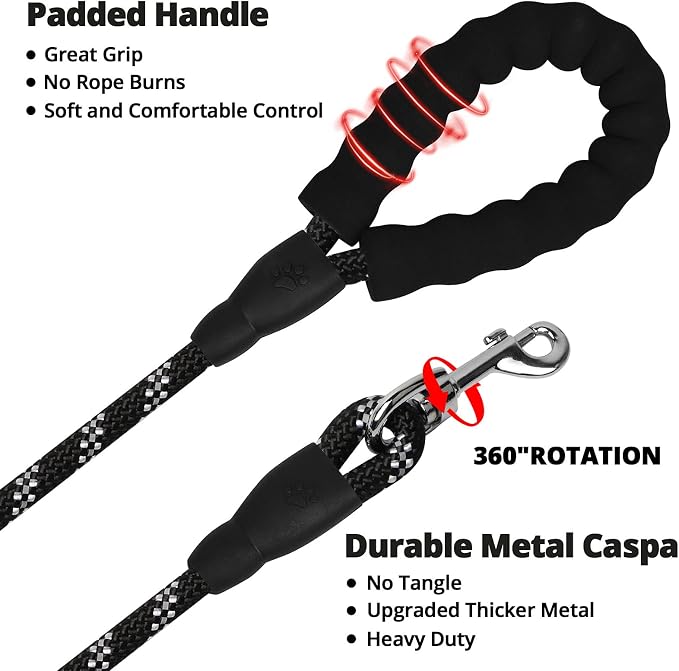 jenico Long Dog Leash 10FT: Heavy Duty Nylon Rope Leashes for Dogs Training with Reflective Threads Bungee and Padded Handle - Dog Lead for Large Small Medium Dogs Outside Walking Hiking