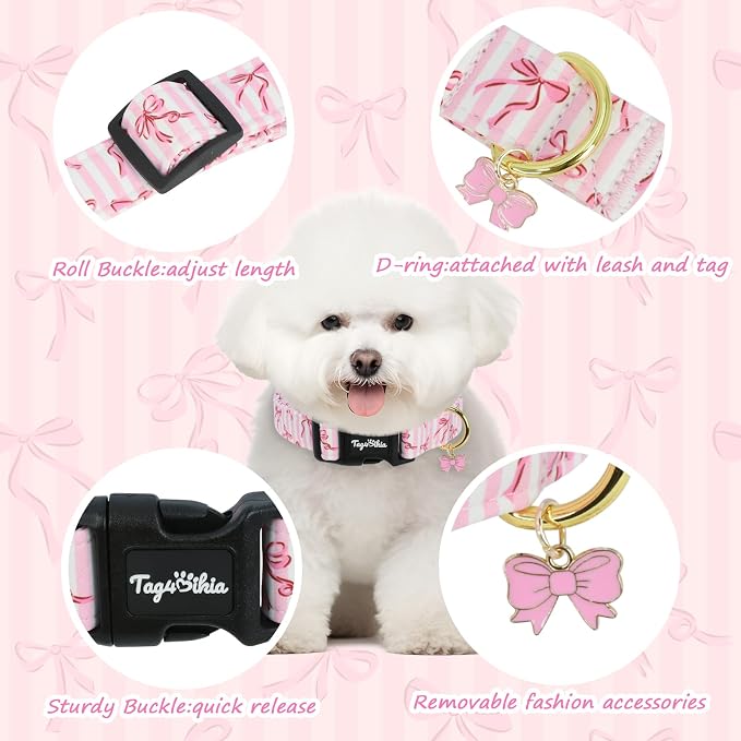 Dog Collars for Puppy Small Dogs, Summer Dog Collar with Bows Patterns, Pink Dog Collar with Exquisite Pendant, Durable Adjustable Collars Pet Collar for Puppy Small Dogs-XS
