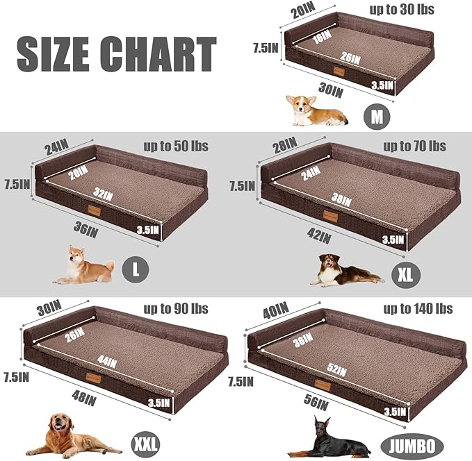 Patas Lague Orthopedic XL Dog Bed Large Sized Dog 42''X28'', Waterproof L Bolster Big Large Pet Sofa Beds with Removable Washable Cover, Soft Pet Couch Crate Mat with Nonskid Bottom, Brown