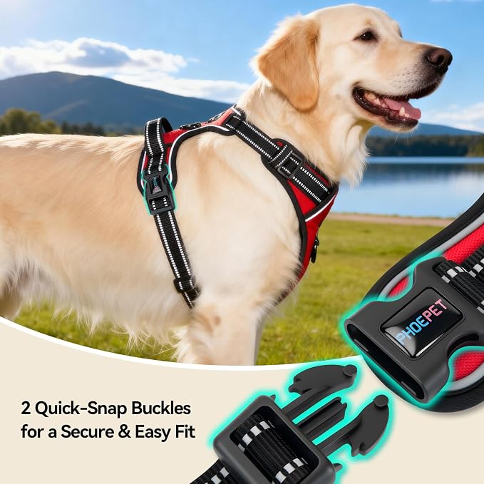 PHOEPET No Pull Dog Harnesses for Small Dogs Reflective Adjustable Front Clip Vest with Handle 2 Metal Rings 2 Buckles [Easy to Put on & Take Off](S, Red)