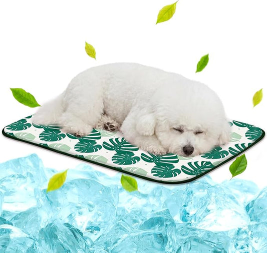 NWK Pet Cooling Mat -Q-Max>0.345 Ice Silk Cooling Mat for Dogs & Cats Portable & Washable Pet Cooling Blanket, Car Seats, Beds for Summer (Green Leaf, 27'' X 20'' X 0.3'')