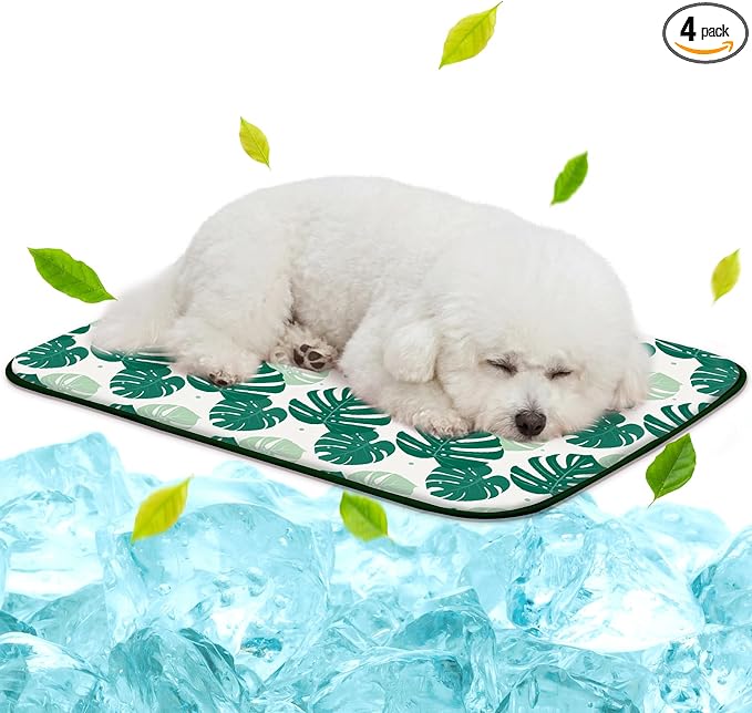 NWK Pack of 4 Pet Cooling Mat -Q-Max>0.345 Ice Silk Cooling Mat for Dogs & Cats Portable & Washable Pet Cooling Blanket, Car Seats, Beds for Summer (4pcs, Green Leaf, 27'' X 20'' X 0.3'')