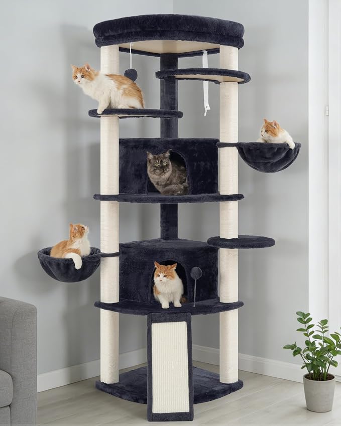 Gitelsnour Corner Cat Tree for Indoor Cats, Cat Tower with All Sisal Scratching Posts, Multi-Level Cat Condo wth 2 Large Cat Caves, Big Top Perch, 2 Hanging Baskets, Sisal Ramp, Drak Gray GCT035G