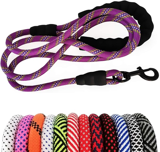 MayPaw Heavy Duty Rope Dog Leash, 6/8/10/15/20/30 FT Nylon Pet Leash, Soft Padded Handle Thick Lead Leashes for Large Medium Dogs (Purple, 1/2" * 8')