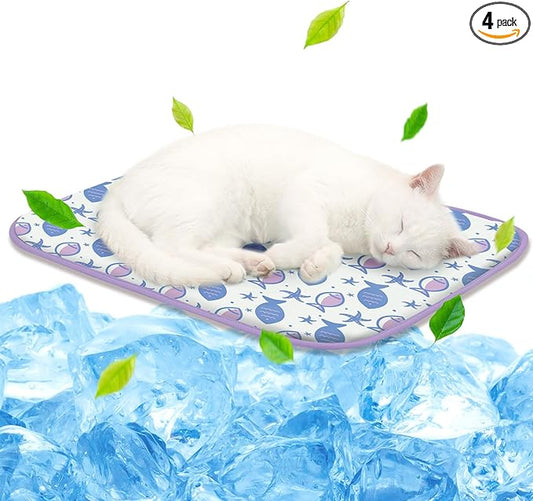NWK Pack of 4 Pet Cooling Mat -Q-Max>0.345 Ice Silk Cooling Mat for Dogs & Cats Portable & Washable Pet Cooling Blanket, Car Seats, Beds for Summer (4pcs, Purple Fish, 20'' X 16'' X 0.3'')
