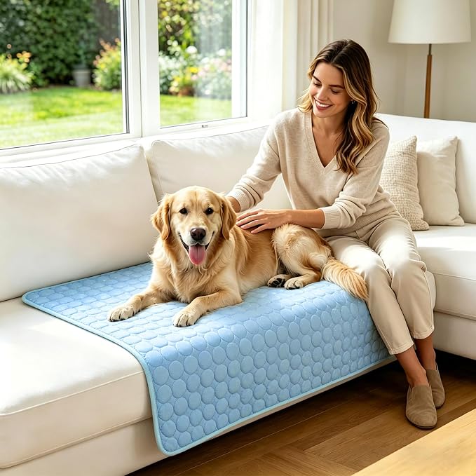 SOMOYA Dog Cooling Mat (Q-Max>0.4) Pet Cooling Pads Blanket Sleeping Kennel Mat,Ice Silk Cool Mat Pad Breathable Dog Bed Mats Beach for Large Dogs Cats (Blue, 27x22 in)