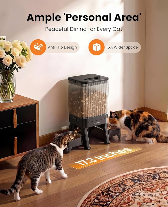 oneisall Automatic Cat Feeder for 2 Cats, 7L/32-Cup Auto Cat Feeder with Timed Portion Control, 1-6 Meals Programmable Cat Food Dispenser, Dual Elevated Stainless Steel Bowls for Multi-Cats Dry Food