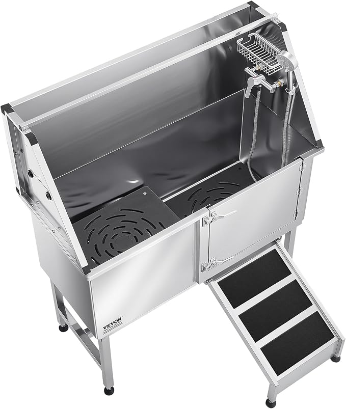VEVOR Stainless Steel Dog Washing Station, 50 inch Pet Grooming Tub w/Ramp, PE Water Filter Board, Faucet & Showerhead & Soap Holder Dog Bathtub for Large & Medium & Small Pets (Right Door)
