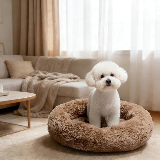 Comfort Donut Dog Bed for Small Dogs, Cat Bed & Pet Bed for Indoor Use, Medium Size with Soft Plush, Round Dog Beds for Large Dogs and Cats (Light Brown, 20''Lx20''Wx8''Th)