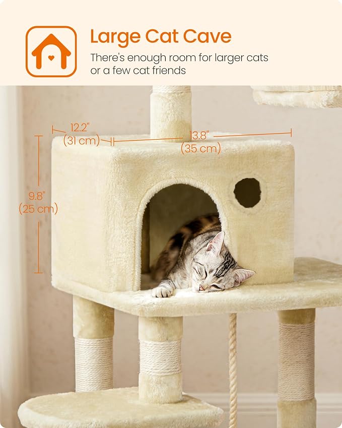 Feandrea Cat Tree, 55.8-Inch Cat Tower, Multi-Level Plush Condo with 11 Scratching Posts, 2 Perches, Hammock, Cave, Beige UPCT15BE