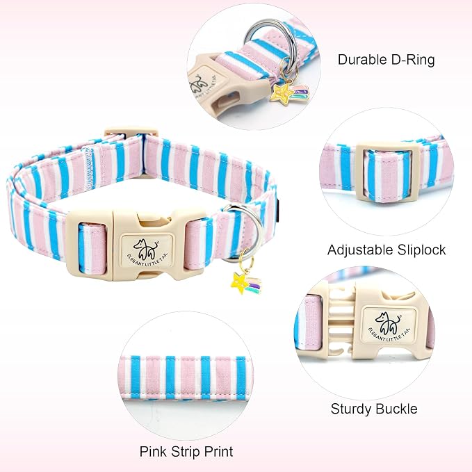 Elegant little tail Dog Collar, Cute Pink with Blue Strip Pattern Pet Collars Soft Girl or Boy Adjustable Cotton Puppy Collar with Quick Release Buckle for X-Small Puppy
