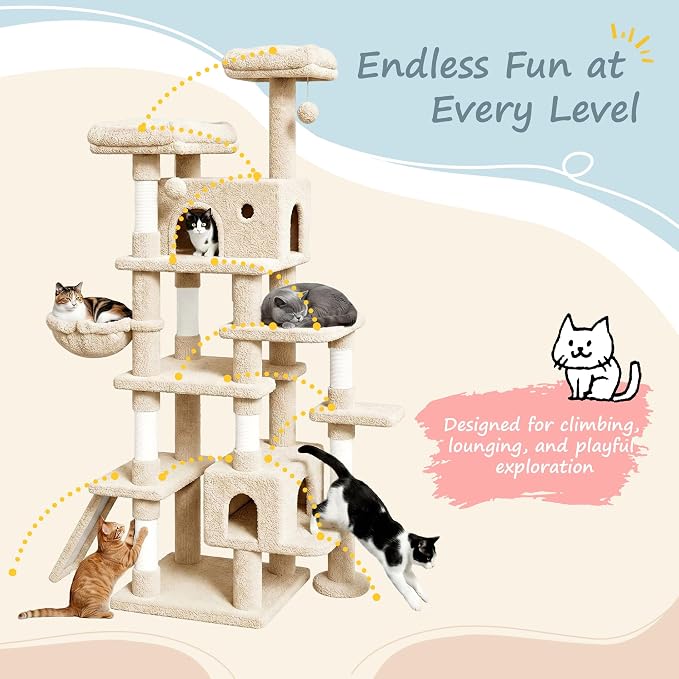SHA CERLIN 82 inch, Multi-Level Cat Tree Tower for Indoor Cats, Cat Condo with Sisal Scratching Posts, Plush Perches, Hammocks, Toy Balls, Beige