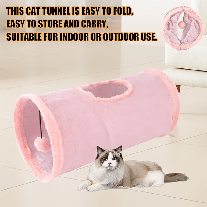 Cat Tunnel,Indoor Cat Play Tube Toys with Play Ball,Durable Collapsible Rabbit Hideaway Tunnel for Kitten,Bunny, Guinea Pig, Rat, Hamster, Ferret, Chinchilla (Pink)
